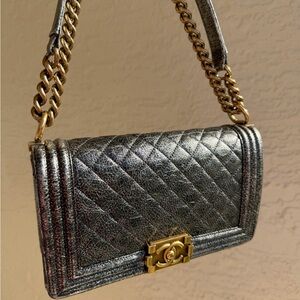 CHANEL Boy Medium Calfskin Metallic Silver With Gold Hardware And Chain Strap
